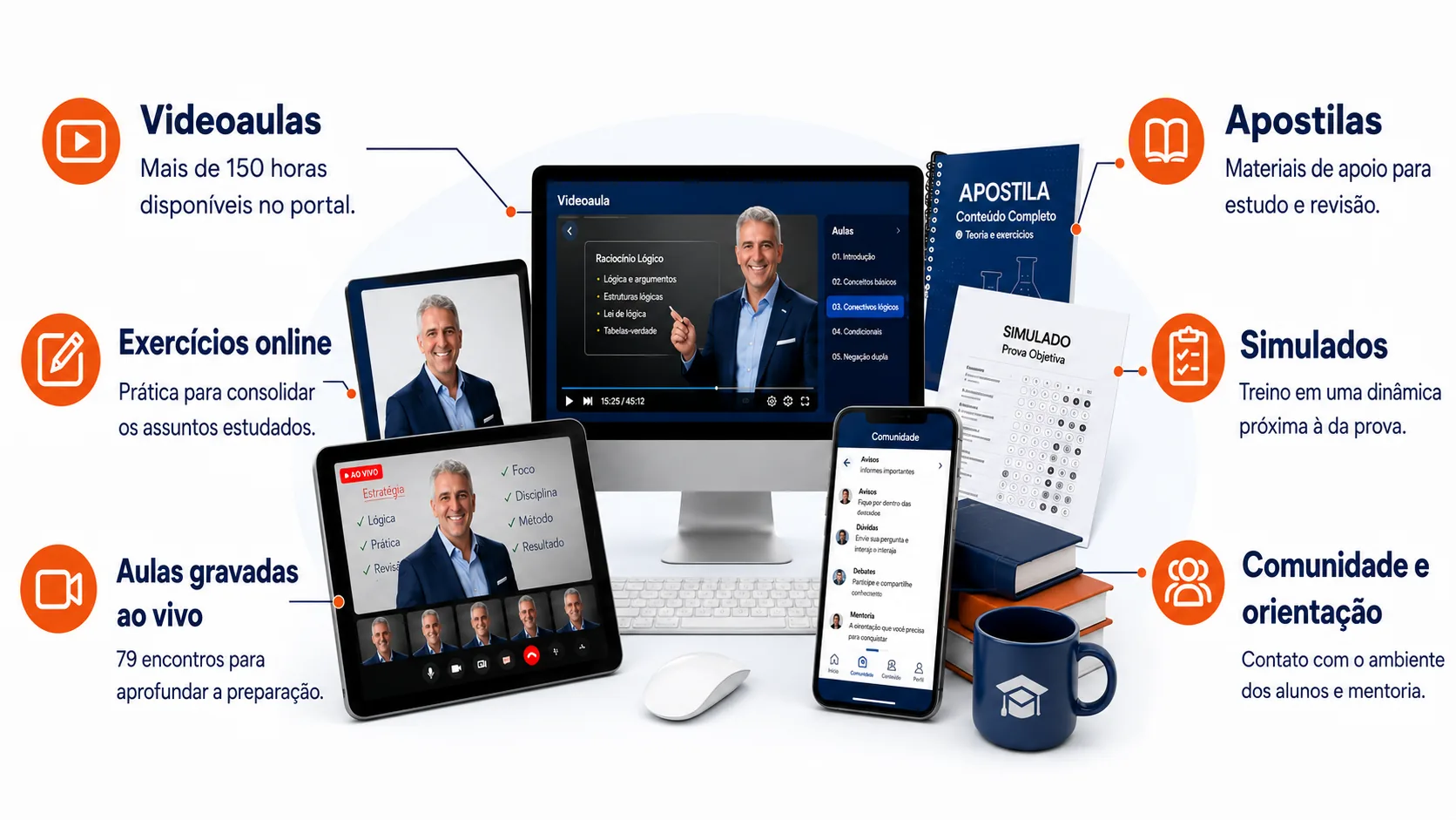 Tudo o que você recebe: videoaulas, apostilas, exercícios online, simulados, aulas gravadas ao vivo e comunidade com orientação